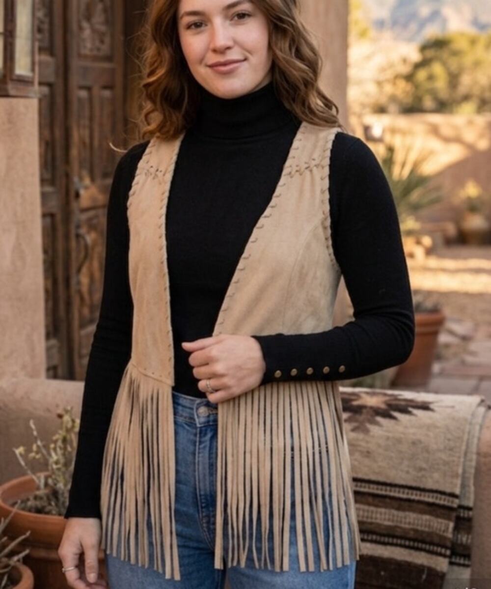 Cool Boho/Western/Cowgirl Tan Microsuede Fringe Vest